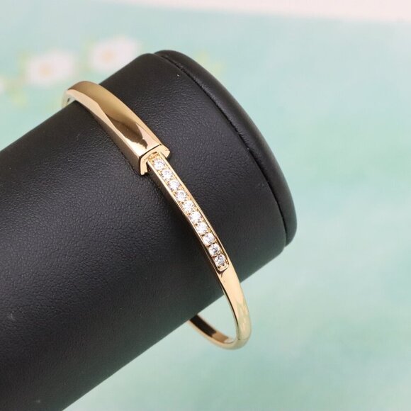 Minimalist Rose Gold Bangle with Sleek Cubic Zirconia Accent Line, XPBL0555 - Picture 7 of 12